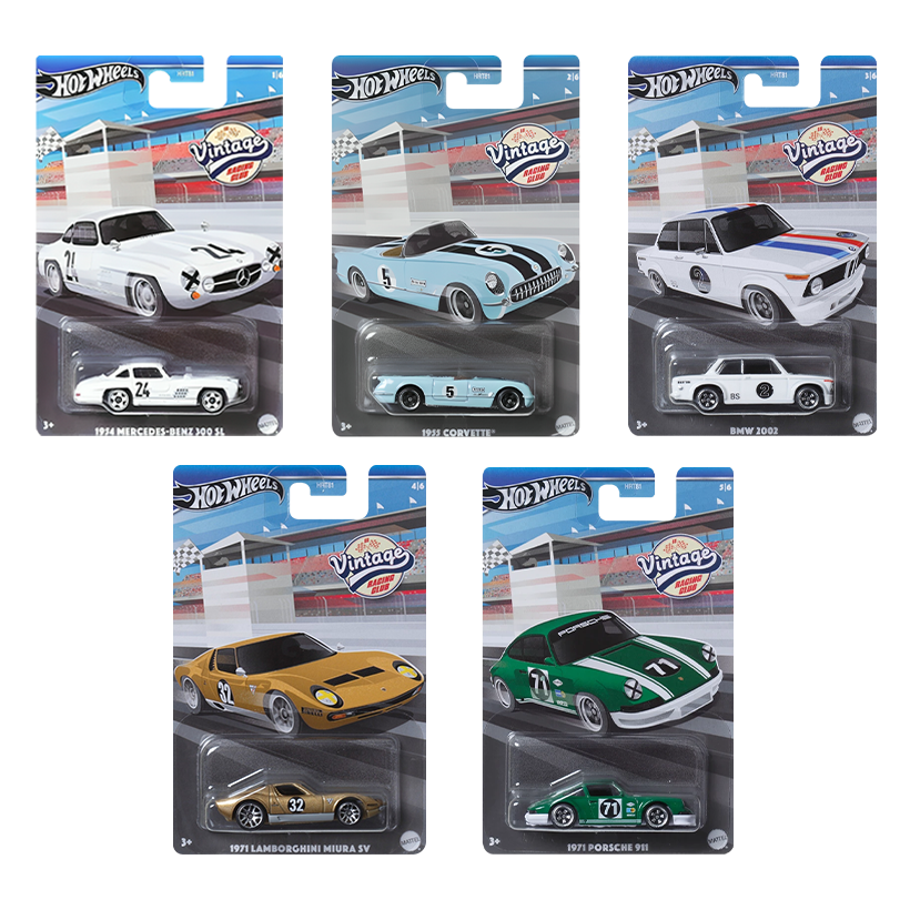 Набор Тематическая Машинка Hot Wheels 1954 Mercedes-Benz 300 SL Vintage Racing Club 1:64 HRT81/HRV00 White  + 1955 Corvette Blue + BMW 2002 + 1971 Lamborghini Miura SV Gold + 1971 Porsche 911 Green - Retromagaz
