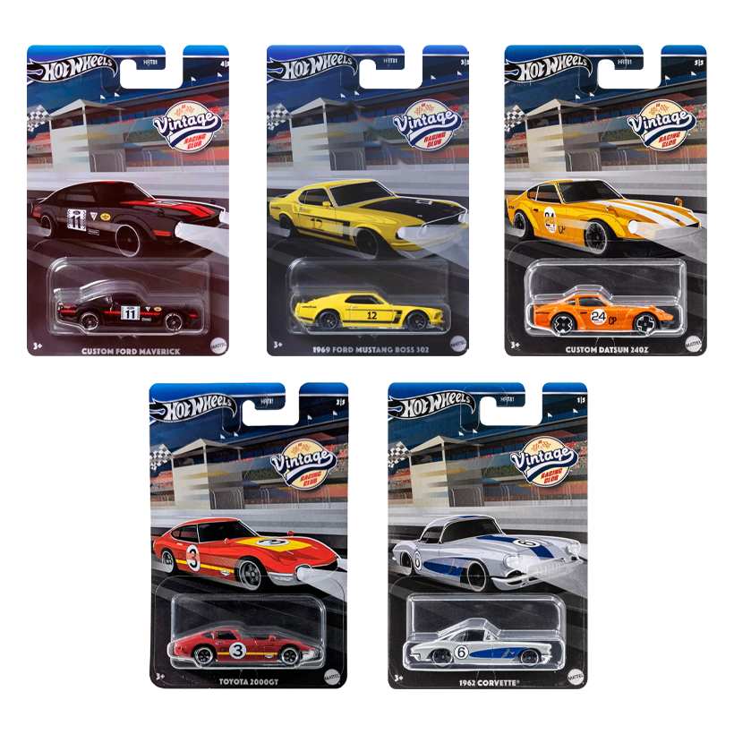 Набор Тематическая Машинка Hot Wheels 1962 Corvette Vintage Racing Club 1:64 HRT81/HRV06 Grey  + Custom Datsun 240Z Orange + Custom Ford Maverick Black + 1969 Mustang Boss 302 Yellow + Toyota 2000GT Red - Retromagaz