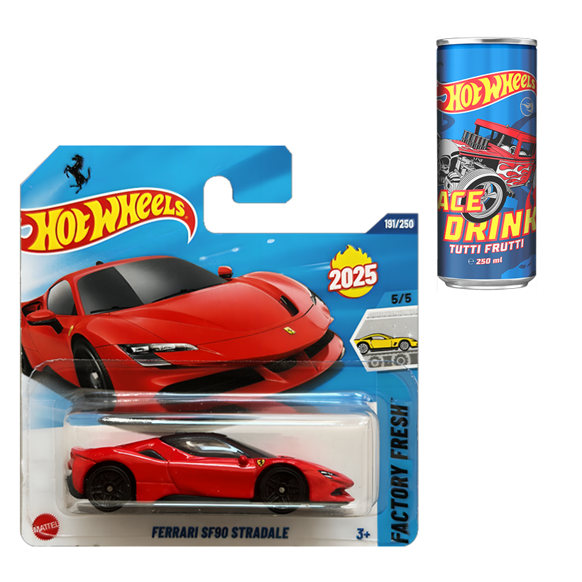 Набір Випив? За Кермо Не Сідай! (Машинка Базова Hot Wheels Ferrari SF90 Stradale Factory Fresh 1:64 HYW34 Red + Напій Hot Wheels Race Drink) - Retromagaz