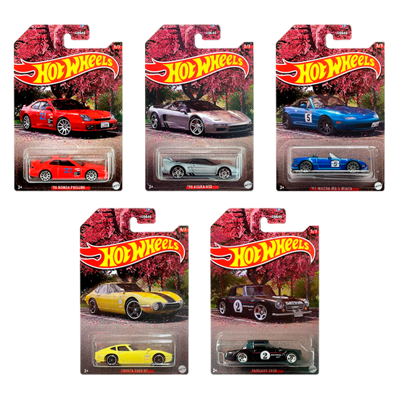 Набір Тематична Машинка Hot Wheels '98 Honda Prelude Japanese Classics 1:64 HLK16 Red  + Тематична Машинка '90 Acura NSX Silver + Тематична Машинка '91 Mazda MX-5 Miata Blue + Тематична Машинка Toyota 2000 GT Yellow + Тематична Машинка Nissan Fairlady 200 - Retromagaz