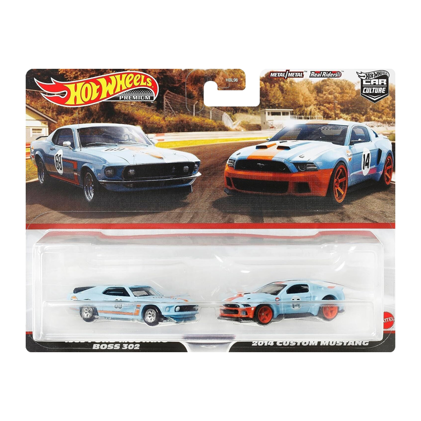 Машинка Premium 2шт Hot Wheels 1969 Ford Mustang Boss 302 / 2014 Custom Mustang Gulf 2-Packs 1:64 HKF58 Blue - Retromagaz