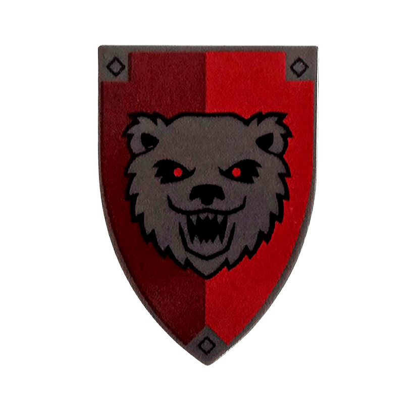 Зброя Lego Щит Triangular Long with Bear on Red and Dark Red 18836pb02 6138982 Pearl Dark Grey Б/У - Retromagaz