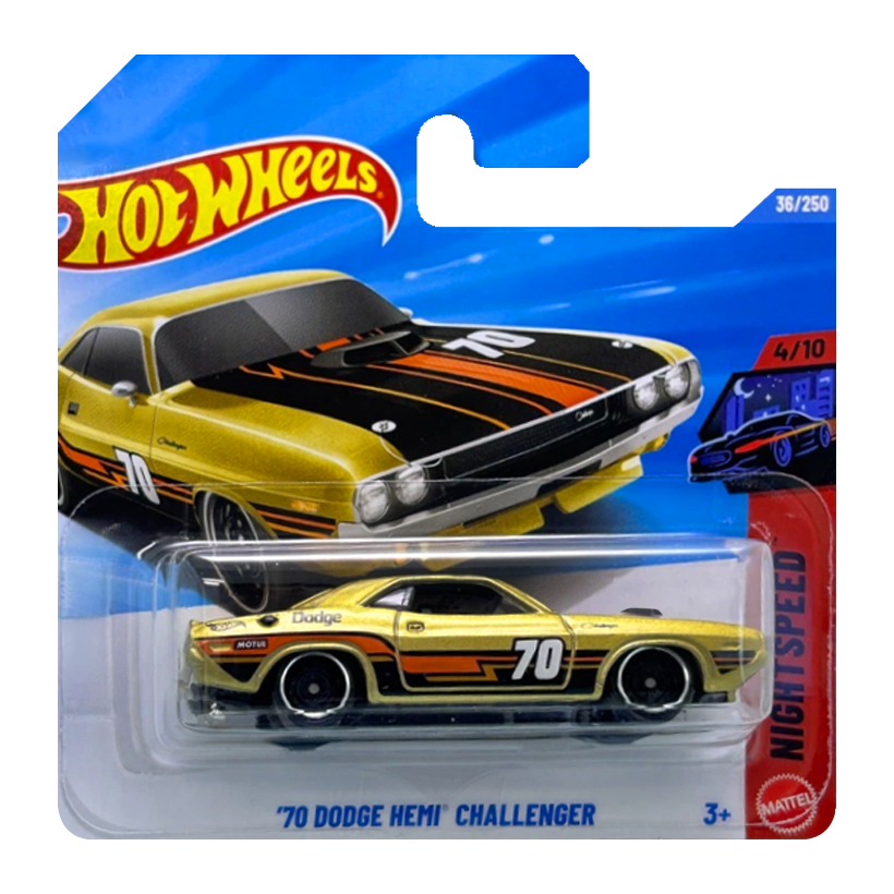 Машинка Базовая Hot Wheels '70 Dodge Hemi Challenger Nightspeed 1:64 JJJ07 Gold - Retromagaz