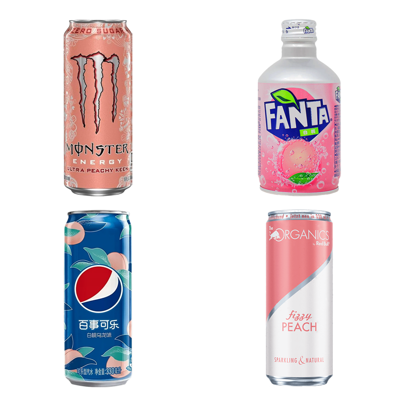 Набір Кошик Персиків (Напій Енергетичний Monster Energy Ultra Peachy Keen + Напій Red Bull Organics Fizzy Peach + Напій Fanta Японська White Peach + Напій Pepsi White Peach) - Retromagaz