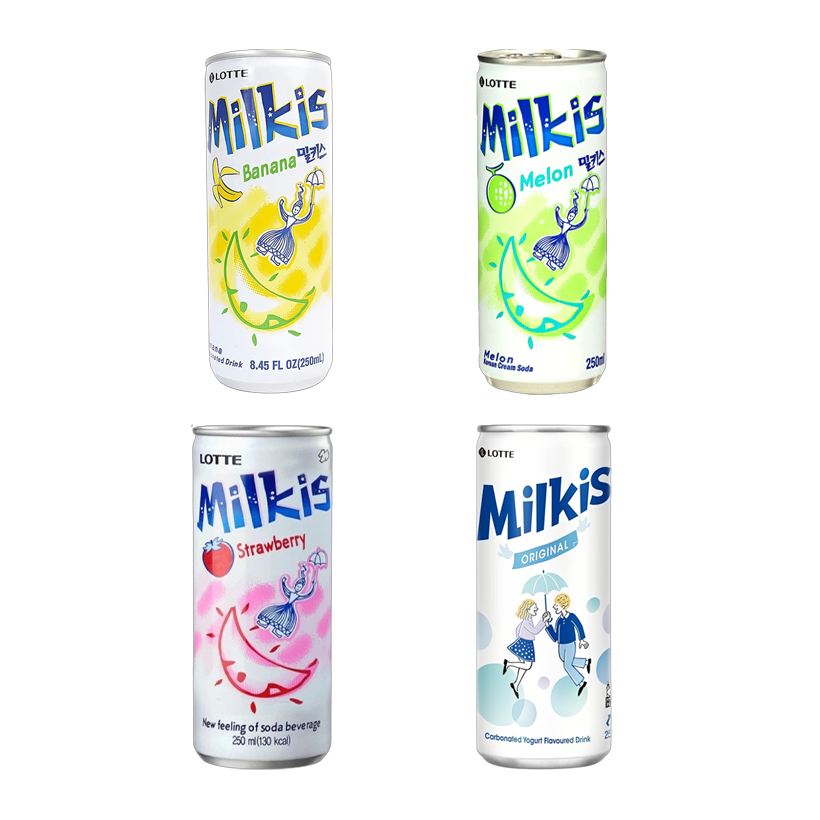 Набір Мілкіси (Напій Lotte Milkis Газований Молочний Original + Банан + Диня + Полуниця) - Retromagaz