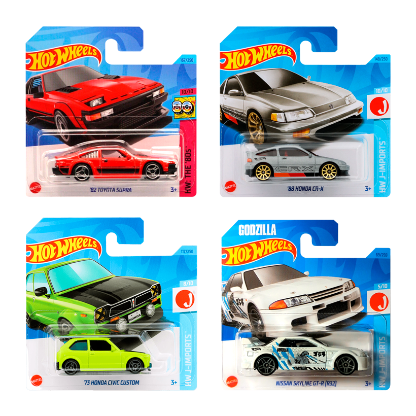 Набір Машинка Базова Hot Wheels '82 Toyota Supra The `80S 1:64 HKG87 Red  + Машинка Базова Godzilla Nissan Skyline GT-R (R32) White + Машинка Базова '73 Honda Civic Custom Green + Машинка Базова '88 CR-X Metallic Silver - Retromagaz