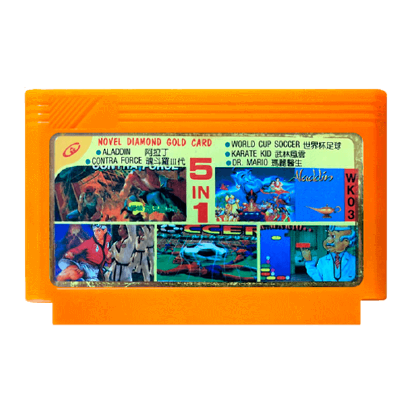 Збірник Ігор 5в1 Aladdin, Contra Force, World Cup Soc, Karate Kid, Dr. Mario [WK03] 90х RMC Dendy Б/У - Retromagaz