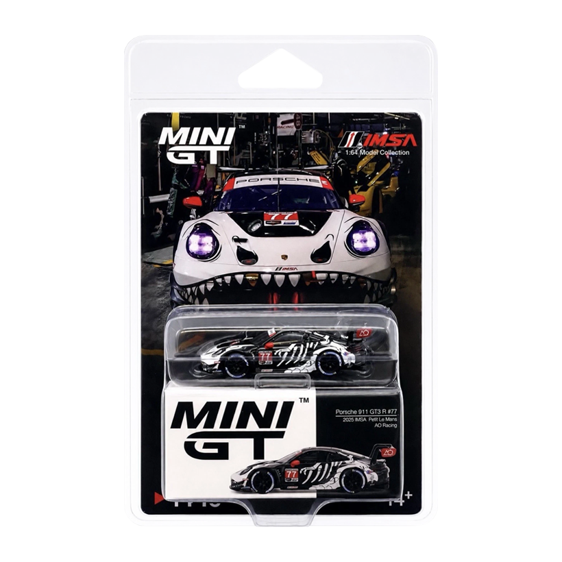 Машинка Premium MINI GT Porsche 911 GT3 R #77 AO Racing 2025 IMSA Petit Le Mans Blister 1:64 MGT01143-BL White - Retromagaz