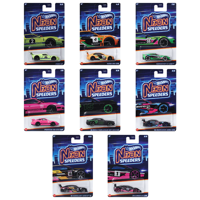 Набір Тематична Машинка Hot Wheels Porsche Porsche 911 GT3 Cup Neon Speeders 1:64 HLH72/HRW75 Pink  + Тематична Машинка McLaren F1 GTR Black + Тематична Машинка Ford GT Yellow + Тематична Машинка BMW M3 GT2 Orange + Тематична Машинка '16 Mercedes-AMG GT3  - Retromagaz