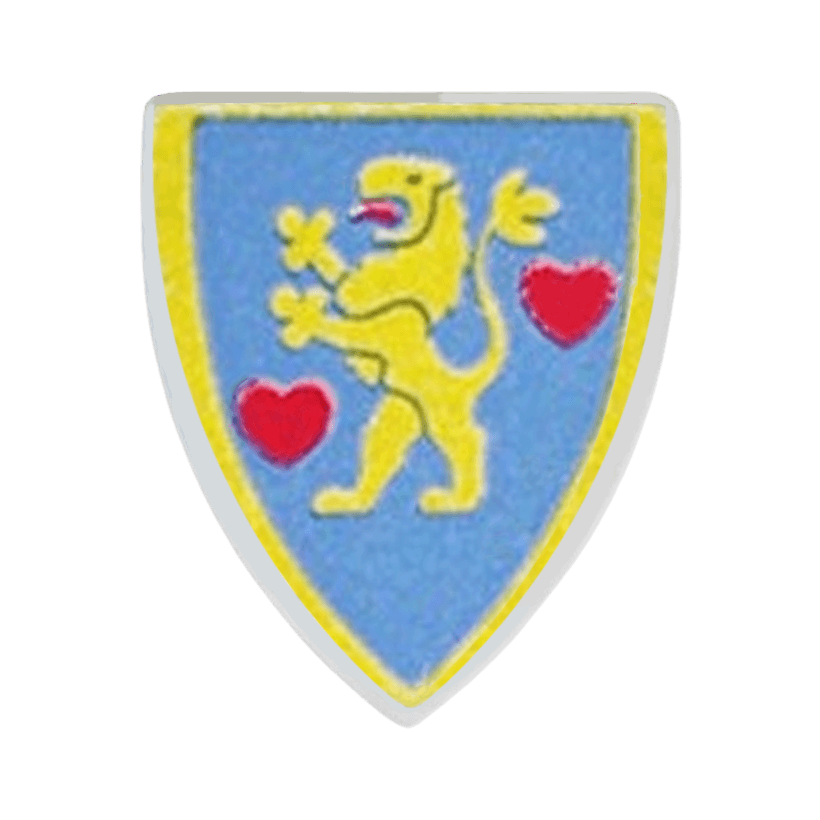 Оружие Lego Щит Triangular with Lion Standing Yellow and 2 Red Hearts Pattern 3846pb001 Light Grey Б/У - Retromagaz