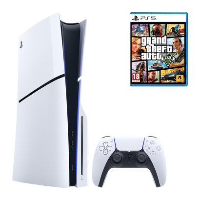 Набір Консоль Sony PlayStation 5 Slim Blu-ray 1TB White Новий  + Гра Grand Theft Auto GTA V 5 Російські Субтитри - Retromagaz