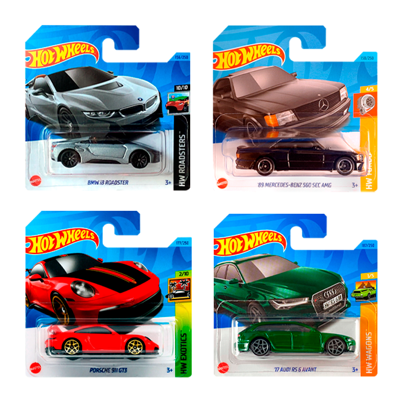 Набор Машинка Базовая Hot Wheels '17 Audi RS 6 Avant Wagons 1:64 HKH69 Green  + '89 Mercedes-Benz 560 SEC AMG Black + BMW i8 Roadster Silver + Porsche 911 GT3 Red - Retromagaz
