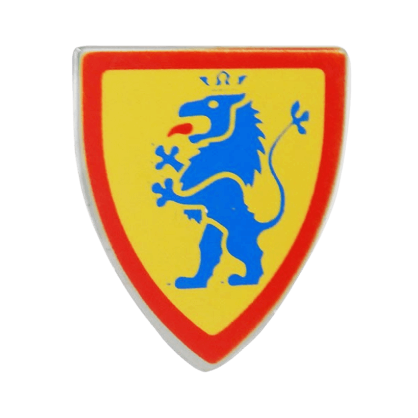 Оружие Lego Щит Triangular with Lion Standing Blue on Yellow Background Pattern 3846p4g 6154811 Light Bluish Grey Б/У - Retromagaz