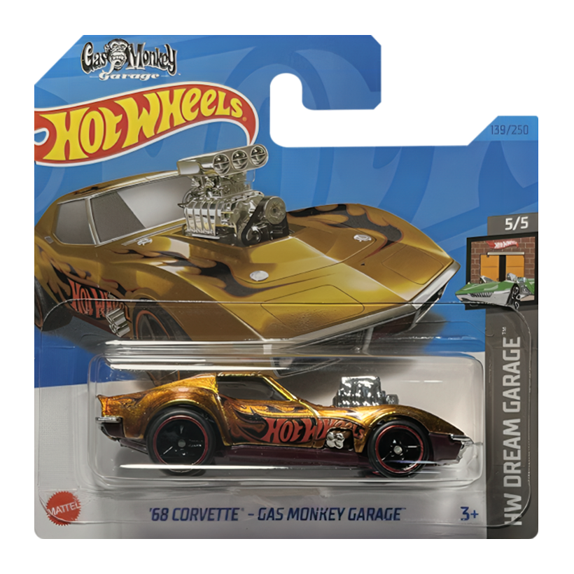 Машинка Базова Hot Wheels '68 Corvette - Gas Monkey Garage Super Treasure Hunt STH Dream Garage 1:64 HKL10 Gold - Retromagaz
