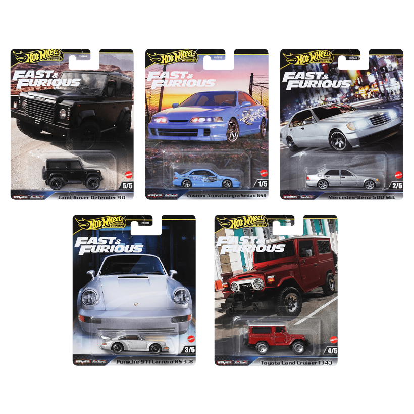 Набір Машинка Premium Hot Wheels Custom Acura Integra Sedan GSR Fast & Furious 1:64 JDJ13 Light Blue  + Mercedes-Benz 500 SEL Grey + Porsche 911 Carrera RS 3.8 + Toyota Land Cruiser FJ43 Red + Land Rover Defender 90 Black - Retromagaz