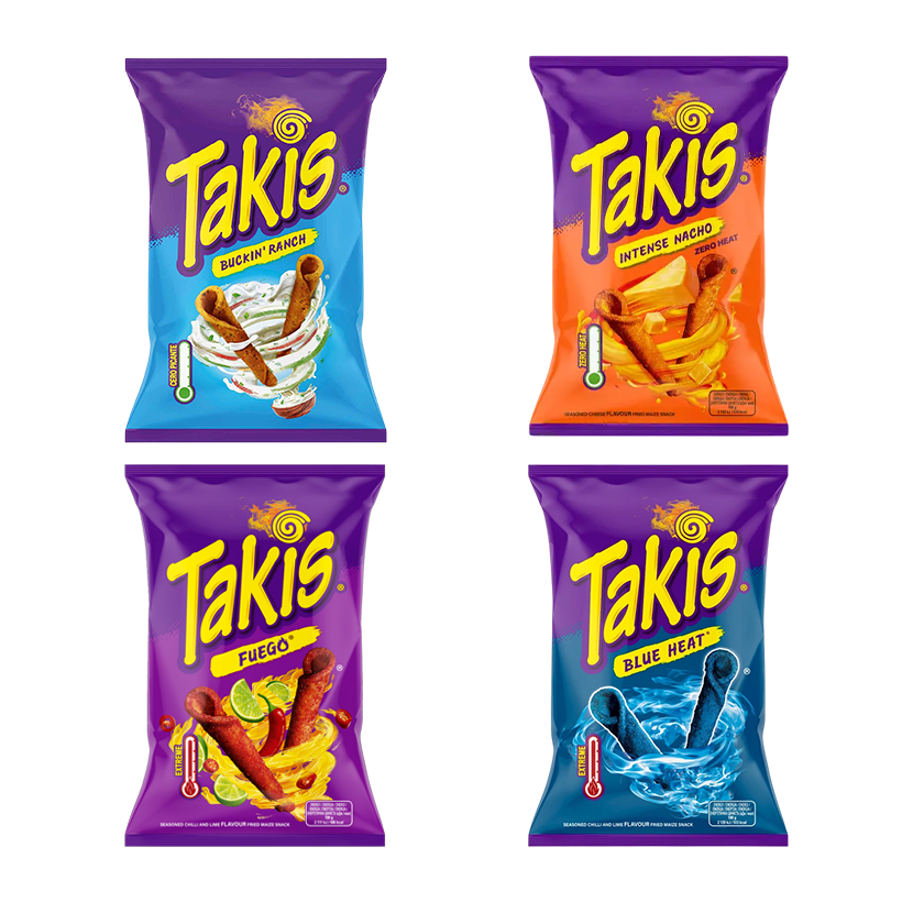 Набір Кранчі Takis Квадро Fuego Чілі Лайм 100g  + Buckin Ranch Сметана + Intense Nacho Seasoned Cheese + Blue Heat Rolls - Retromagaz