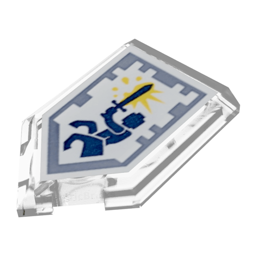 Плитка 4шт Lego Модифицированная Декоративная Pentagonal with Nexo Power Shield Pattern Centaur Charge 2 x 3 22385pb153 6190305 6245487 Trans-Clear Б/У - Retromagaz