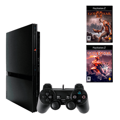 Набор Консоль Sony PlayStation 2 Slim SCPH-7xxx Chip Black Б/У  + Игра RMC God of War Русские Субтитры Новый + God of War II - Retromagaz