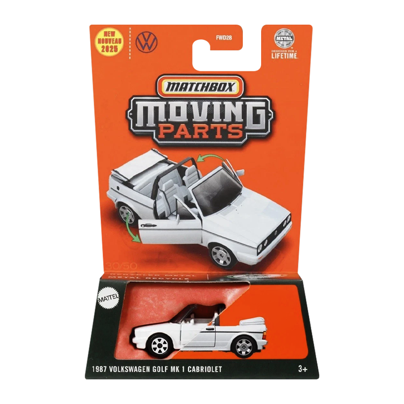 Тематическая Машинка Matchbox 1987 Volkswagen Golf MK1 Cabriolet Moving Parts 1:64 JBW73 White - Retromagaz