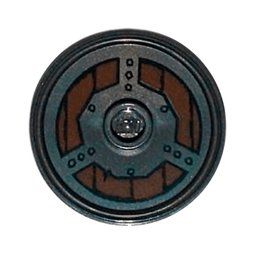 Зброя Lego Щит Round with Stud and Ring Around Edge with Circular Wood Planking Pattern 91884pb005 6087604 Pearl Dark Grey Б/У - Retromagaz