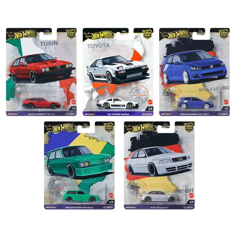 Набір Машинка Premium Hot Wheels Alfa Romeo GTV6 3.0 World Tour 1:64 HRV80 Red  + '82 Toyota Supra White + Volkswagen Golf Mk7 Blue + Brasilia Green + Audi S4 Quattro Silver - Retromagaz