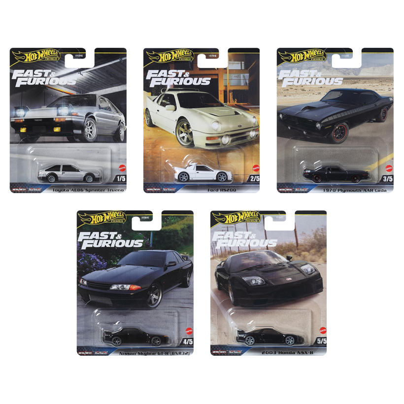Набор Машинка Premium Hot Wheels Toyota AE86 Sprinter Trueno Fast & Furious 1:64 HVR61 Grey  + Ford RS200 White + 1970 Plymouth AAR Cuda Black + Nissan Skyline GT-R (BNR32) + 2003 Honda NSX Type-R - Retromagaz