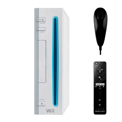 Набір Консоль Nintendo Wii RVL-001 Europe Модифікована 32GB White + 10 Вбудованих Ігор Без Геймпада Б/У  + Контролер Бездротовий RMC Remote Plus Black Новий + Контролер Дротовий  Nunchuk  Новий - Retromagaz