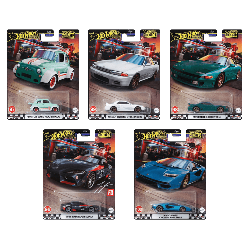 Набір Машинка Premium Hot Wheels 2021 Toyota GR Supra Boulevard 1:64 HRT56 Grey  + '60s Fiat 500 D Modificado Green + Mitsubishi 3000GT VR-4 + Nissan Skyline GT-R (BNR32) White + Lamborghini Countach LPI 800-4 Blue - Retromagaz
