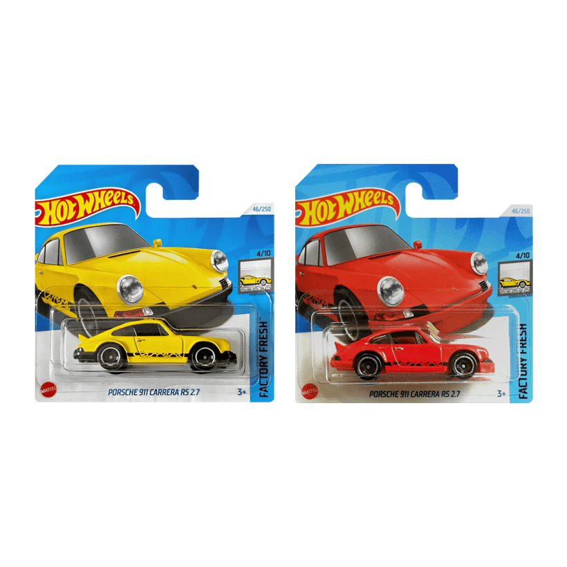 Набір Машинка Базова Hot Wheels Porsche Porsche 911 Carrera RS 2.7 Factory Fresh 1:64 HTD08 Red  + Машинка Базова Yellow - Retromagaz