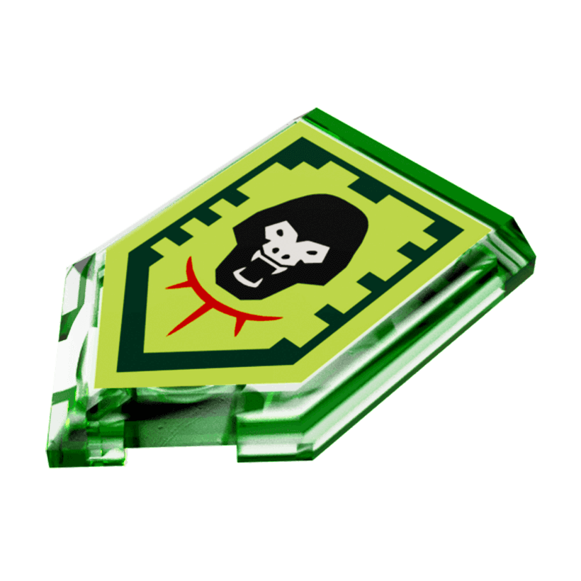 Плитка 4шт Lego Модифікована Декоративна Pentagonal Nexo Power Shield Pattern Gorilla Roar 2 x 3 22385pb058 6174118 Trans-Bright Green Б/У - Retromagaz