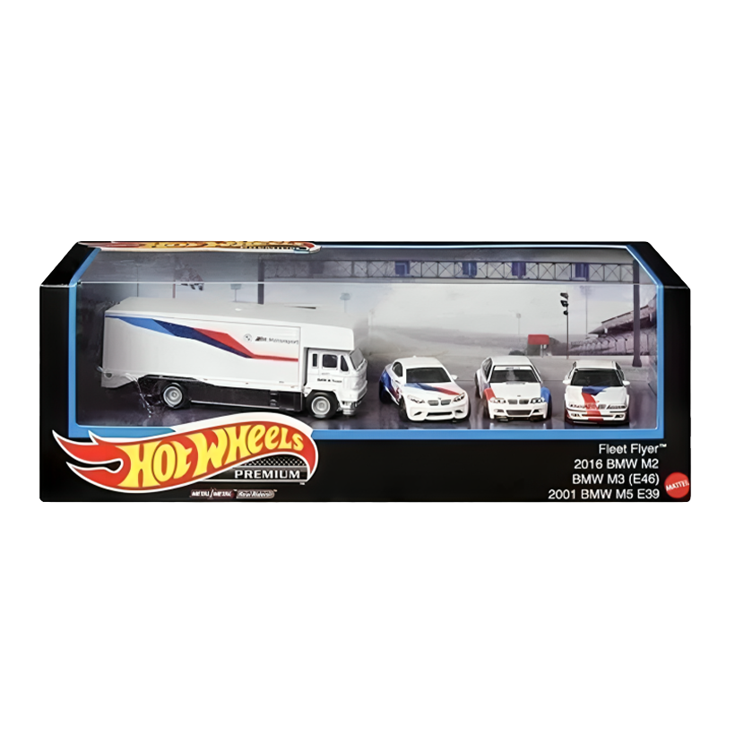 Машинка Premium 4шт Hot Wheels 2016 BMW M2 / 2001 M5 (E39) / M3 (E46) / Fleet Flyer Diorama 1:64 HCR52 White - Retromagaz