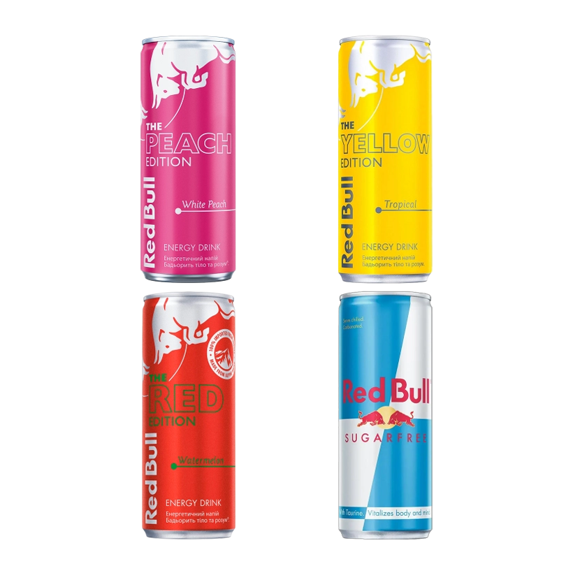 Набор Каре (Напиток Энергетический Red Bull Peach Edition Pink 250ml + Red Edition Watermelon + Yellow Edition Tropical + Sugar Free) - Retromagaz