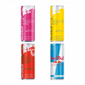 Набір Каре (Напій Енергетичний Red Bull Peach Edition Pink + Red Edition Watermelon + Yellow Edition Tropical + Sugar Free) - Retromagaz