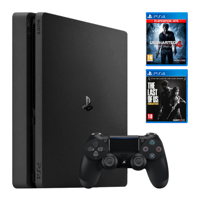Набір Консоль Sony PlayStation 4 Slim 1TB Black Б/У  + Геймпад Бездротовий DualShock 4 Version 2 + Гра Uncharted 4: A Thief's End Російська Озвучка + Гра The Last of Us Remastered Російська Озвучка - Retromagaz