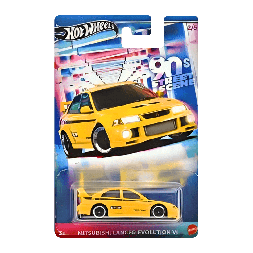 Тематическая Машинка Hot Wheels Mitsubishi Mitsubishi Lancer Evolution VI '90s Street Scene 1:64 JCB58 GDG44 Yellow - Retromagaz