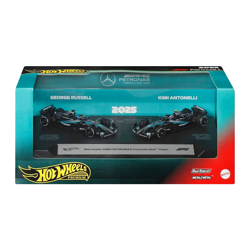 Машинка Premium 2шт Hot Wheels Mercedes-AMG PETRONAS Formula One Team George Russell Kimi Antonelli 1:64 JMM93 Black - Retromagaz